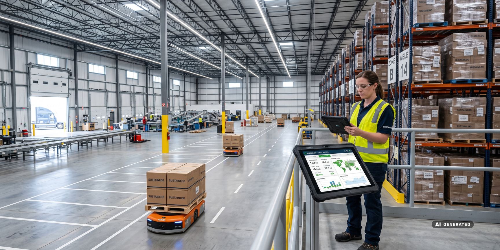 : Innenansicht einer modernen Kontraktlogistik-Halle. Ein Manager prüft Smart-Metering-Daten am Tablet neben automatisierten Robotern zur ESG-Messung